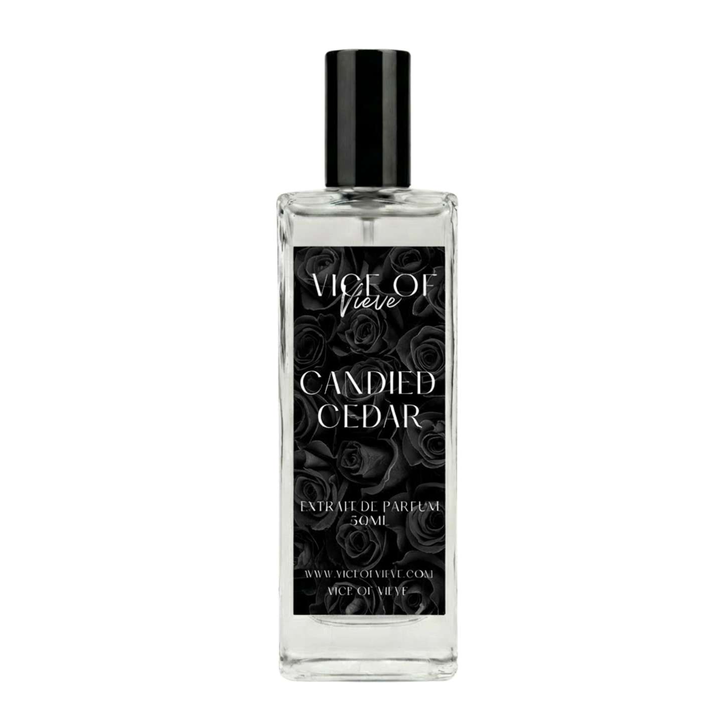 Candied Cedar perfume bottle. A clean gourmand fragrance with sugar crystals, Texas cedarwood, and fluffy musk. Part of the luxury Cashmere Collection.