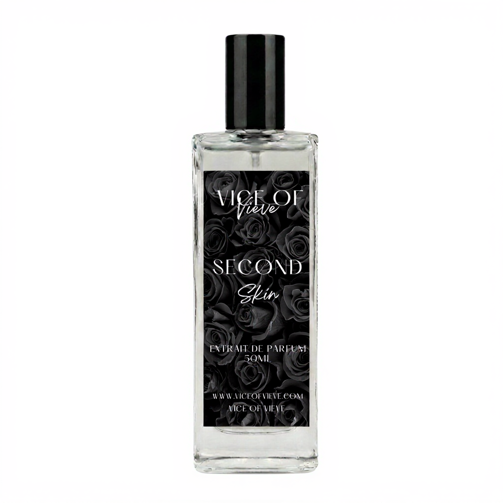 Luxury perfume bottle labeled 'Second Skin' by Vice of Vieve featuring a black rose aesthetic. Part of the Cashmere Collection Vol II.