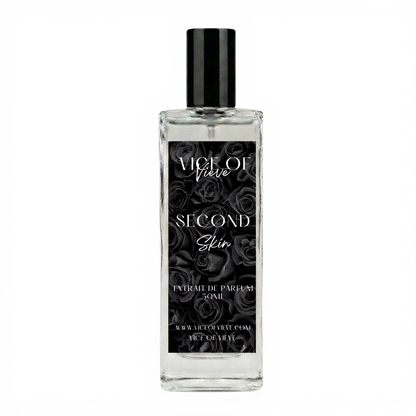 Luxury perfume bottle labeled 'Second Skin' by Vice of Vieve featuring a black rose aesthetic. Part of the Cashmere Collection Vol II.