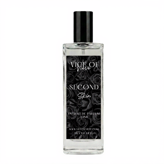 Luxury perfume bottle labeled 'Second Skin' by Vice of Vieve featuring a black rose aesthetic. Part of the Cashmere Collection Vol II.