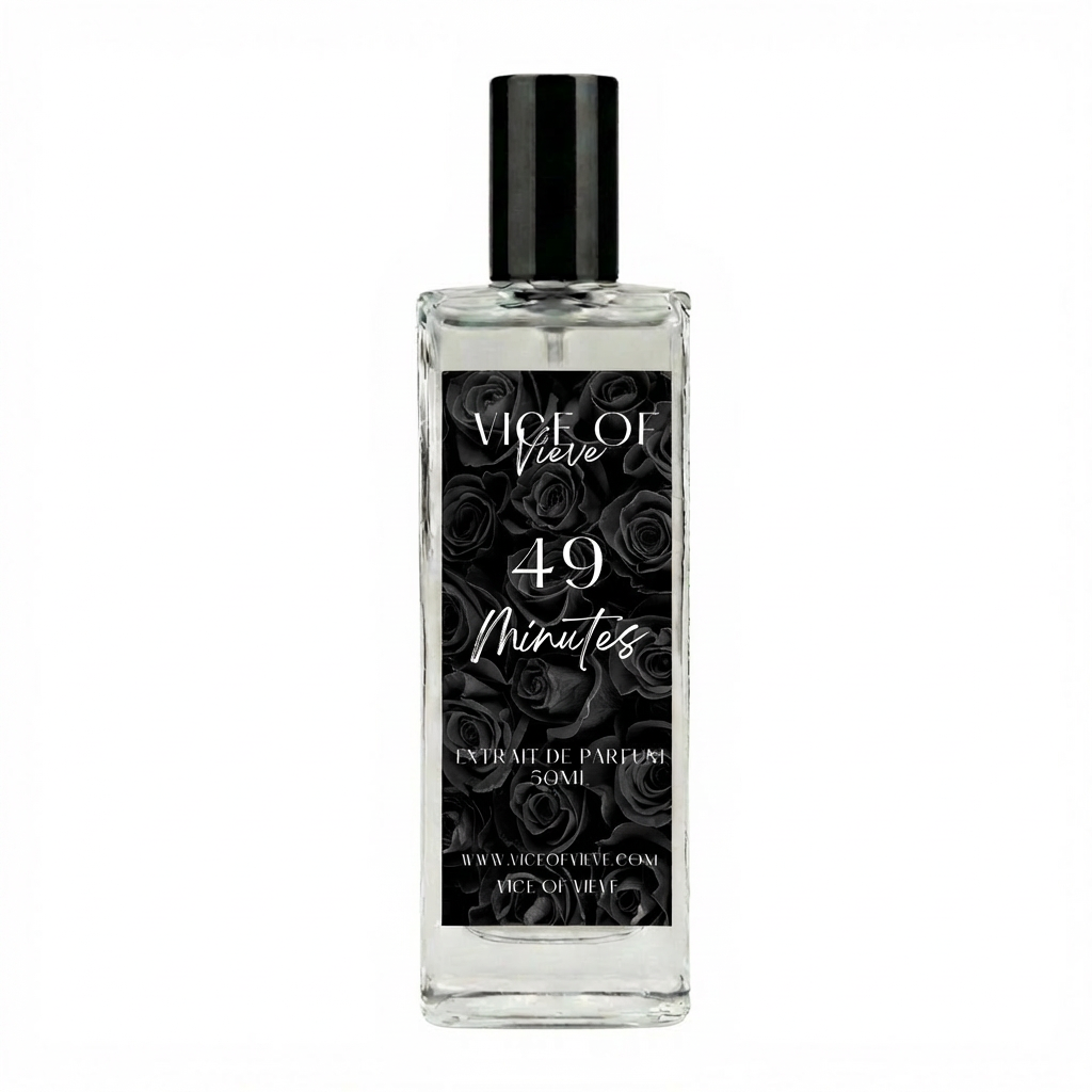 Luxury perfume bottle for '49 Minutes' by Vice of Vieve with a black floral label. A celestial vanilla and sea salt fragrance from the Cashmere Collection.