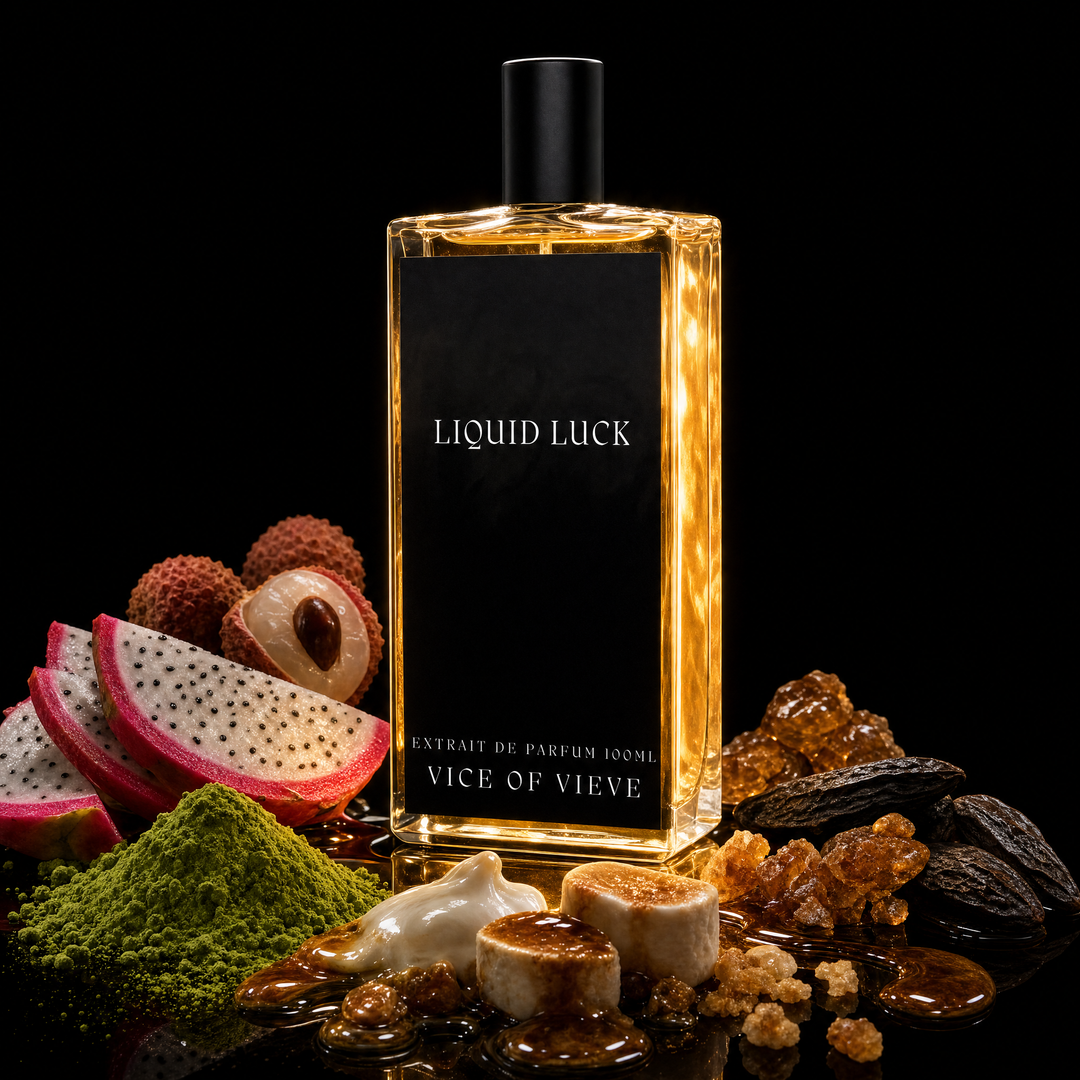 Vice of Vieve Liquid Luck Extrait de Parfum featuring custom bottle artwork. Hero shot.