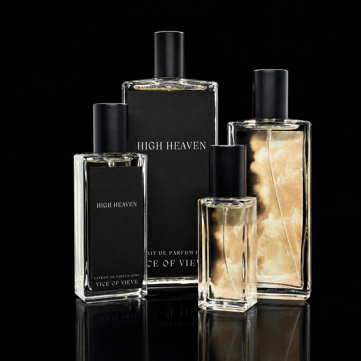 Vice of Vieve High Heaven perfume collection displayed in multiple sizes against dark background