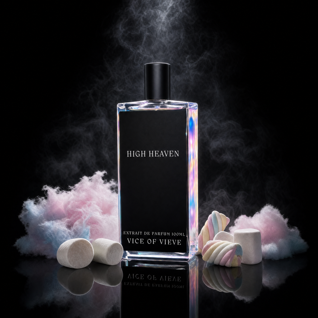 Vice of Vieve High Heaven Extrait de Parfum bottle surrounded by cotton candy and marshmallows