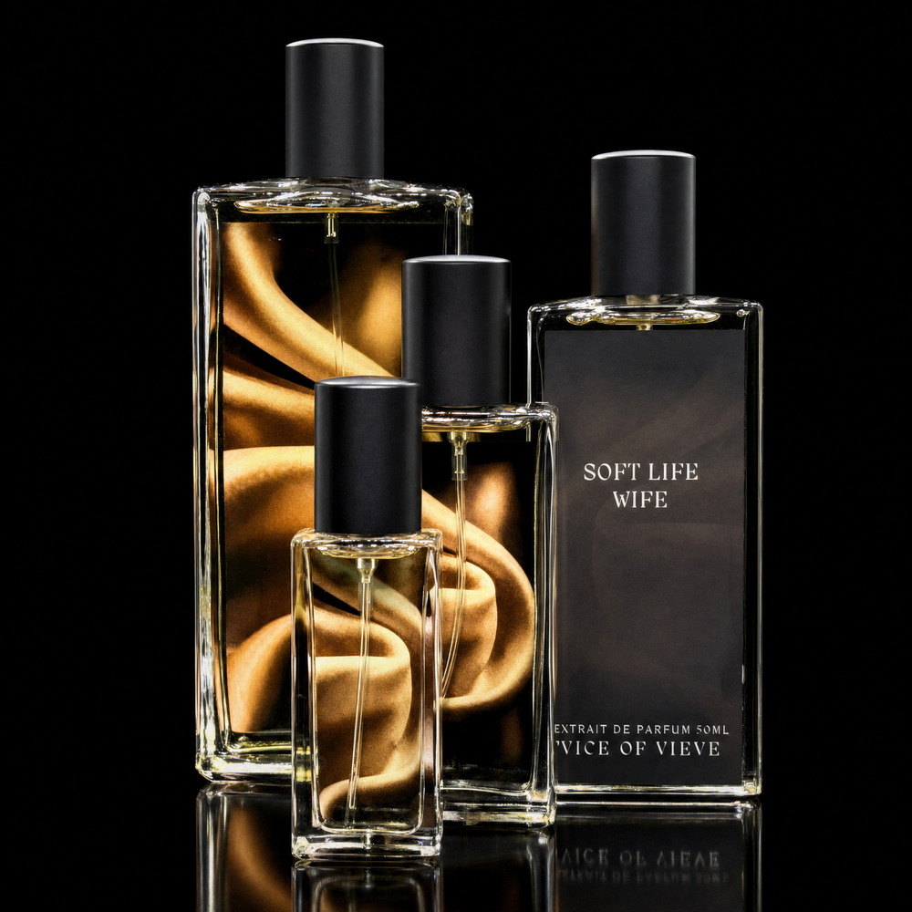 Soft Life Wife creamy vanilla and sandalwood niche perfume bottle featuring sleek black label