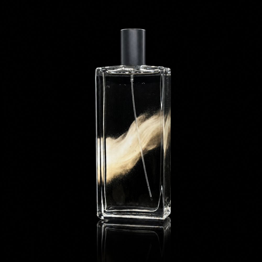 Firstborn clean skin musk and powdery floral niche perfume bottle featuring sleek black label