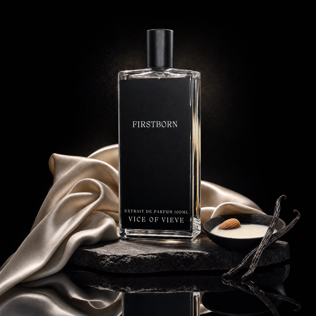 Vice of Vieve Firstborn Extrait de Parfum soft powder and white musk perfume bottle with custom artwork