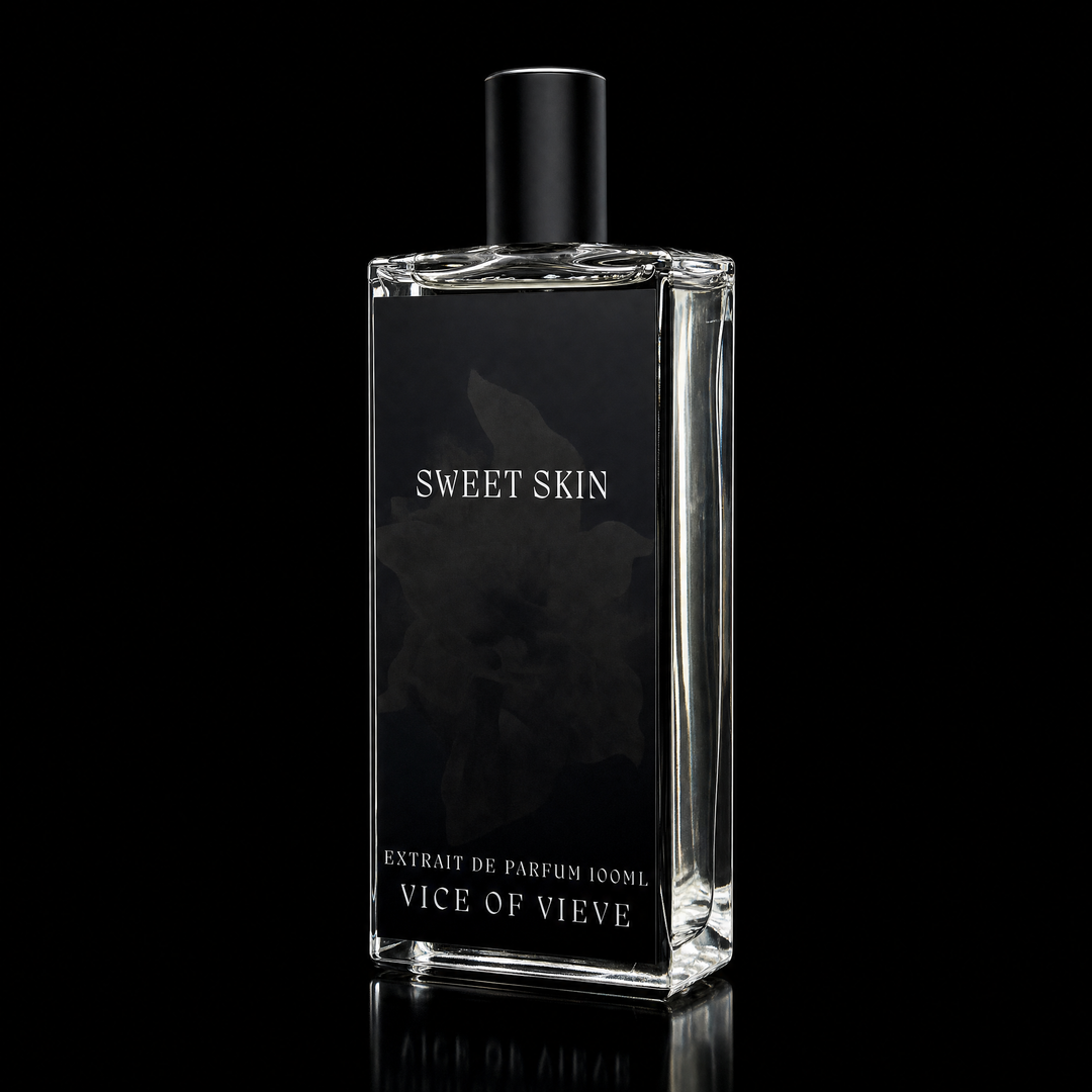 Sweet Skin sweet vanilla bean and amber niche perfume bottle featuring sleek black label