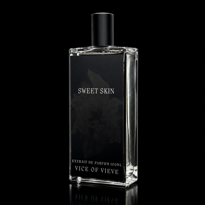 Sweet Skin sweet vanilla bean and amber niche perfume bottle featuring sleek black label