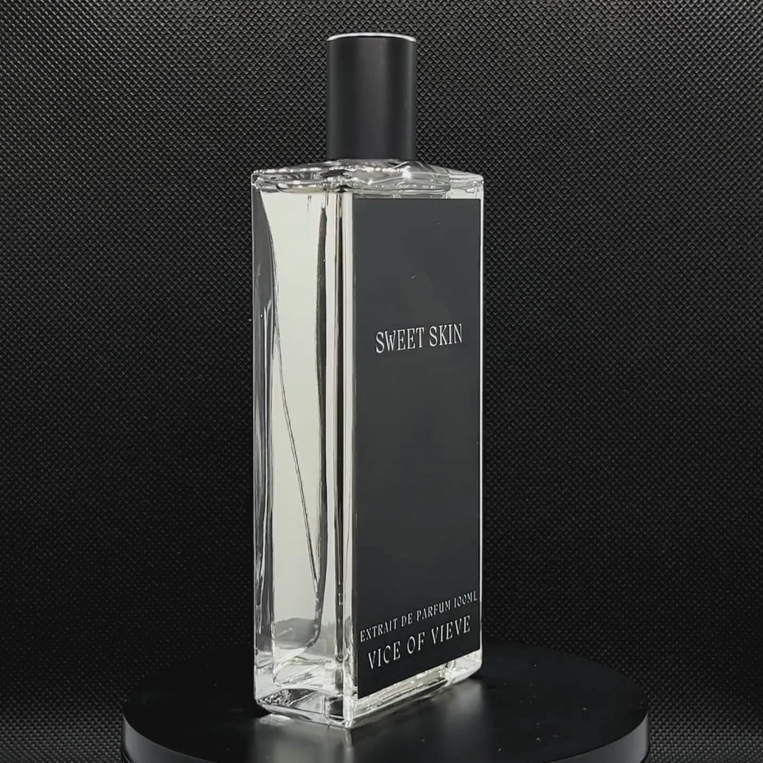 Video rotation of Vice of Vieve Sweet Skin perfume bottle displaying custom artwork design