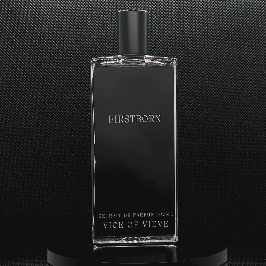Video rotation of Vice of Vieve Firstborn perfume bottle displaying custom artwork design