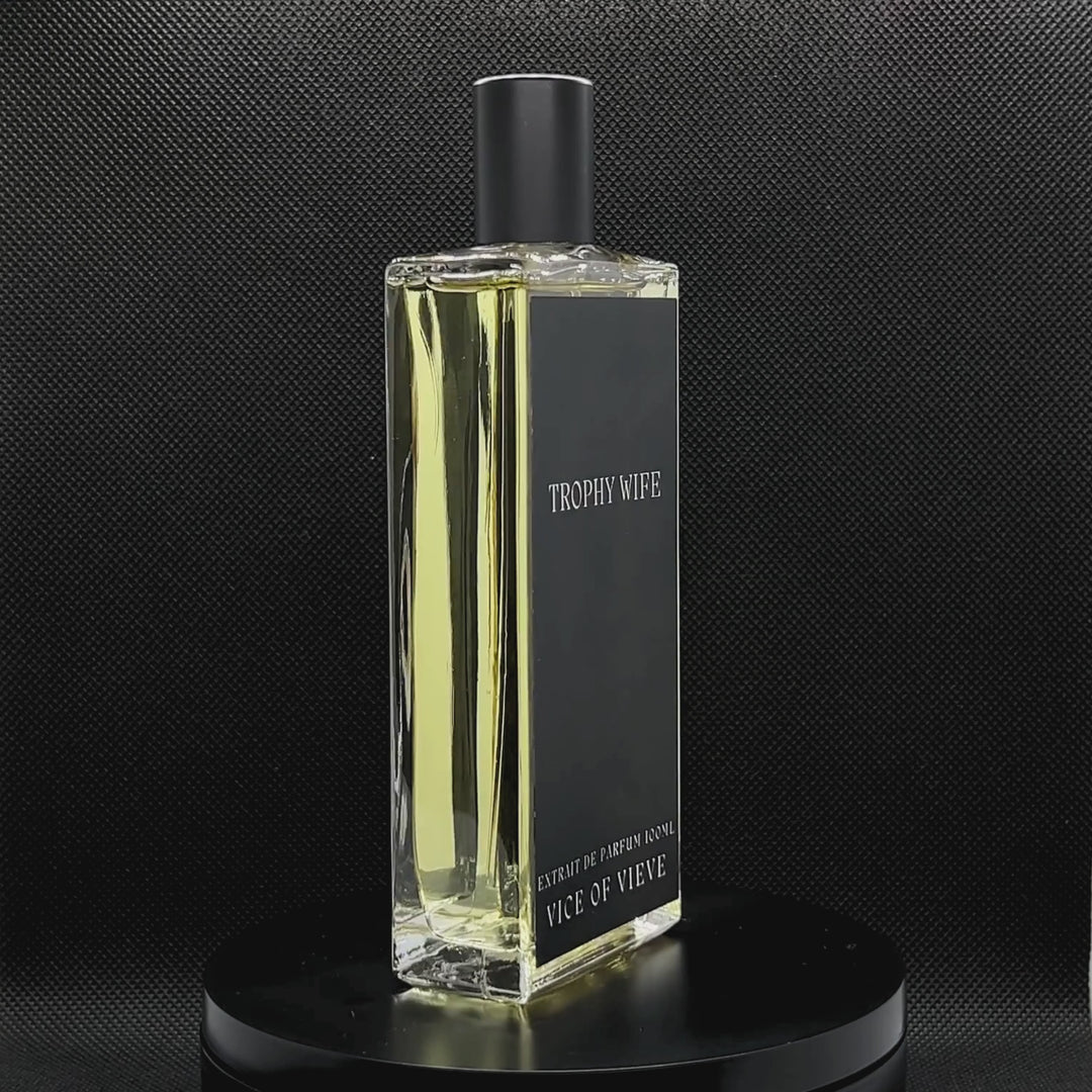 Video rotation of Vice of Vieve Trophy Wife perfume bottle displaying custom artwork