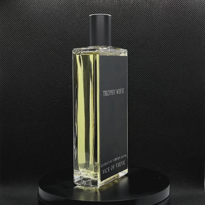 Video rotation of Vice of Vieve Trophy Wife perfume bottle displaying custom artwork