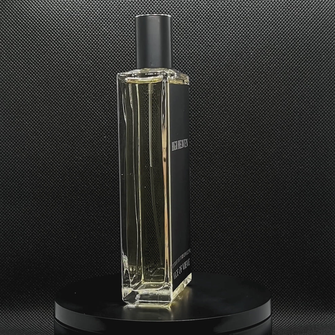 Video showcase of Vice of Vieve High Heaven perfume bottle rotating on display stand