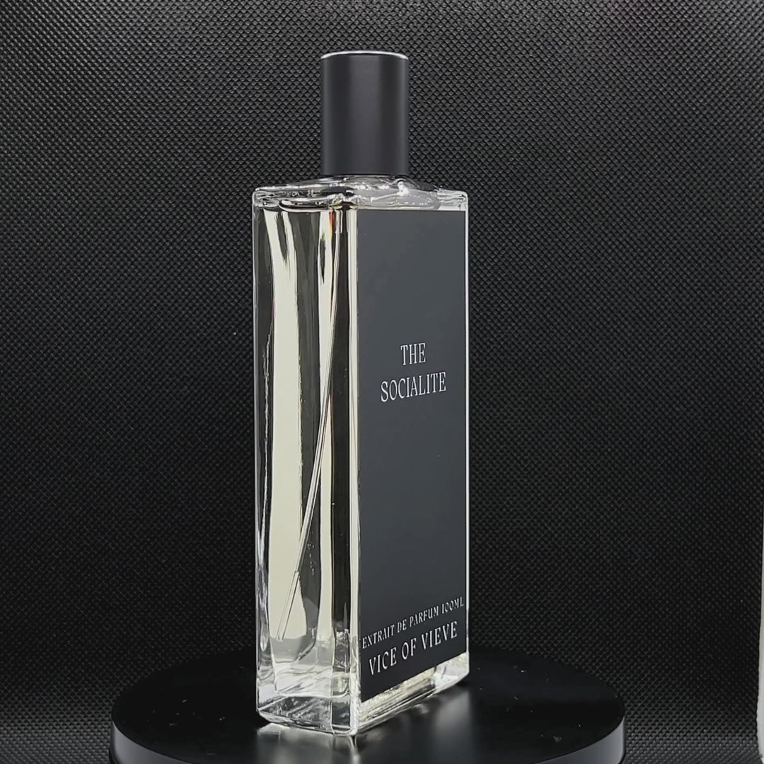 Video rotation of Vice of Vieve The Socialite perfume bottle displaying custom artwork design
