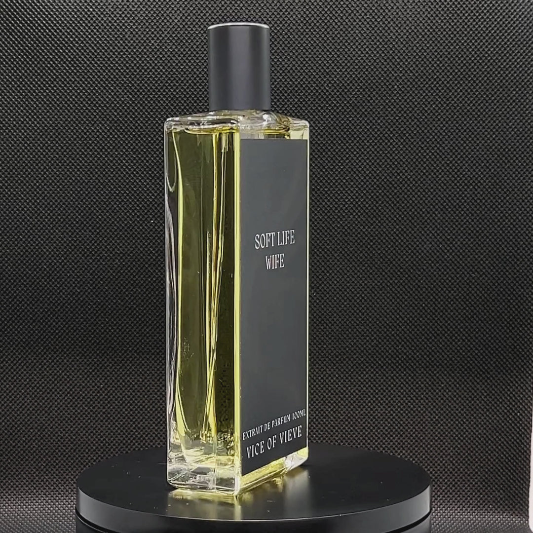 Video rotation of Vice of Vieve Soft Life Wife perfume bottle displaying custom artwork design
