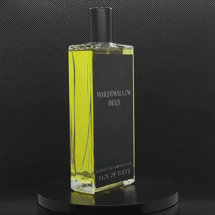 Video showcase of Vice of Vieve Marshmallow Deux perfume bottle rotating on display stand
